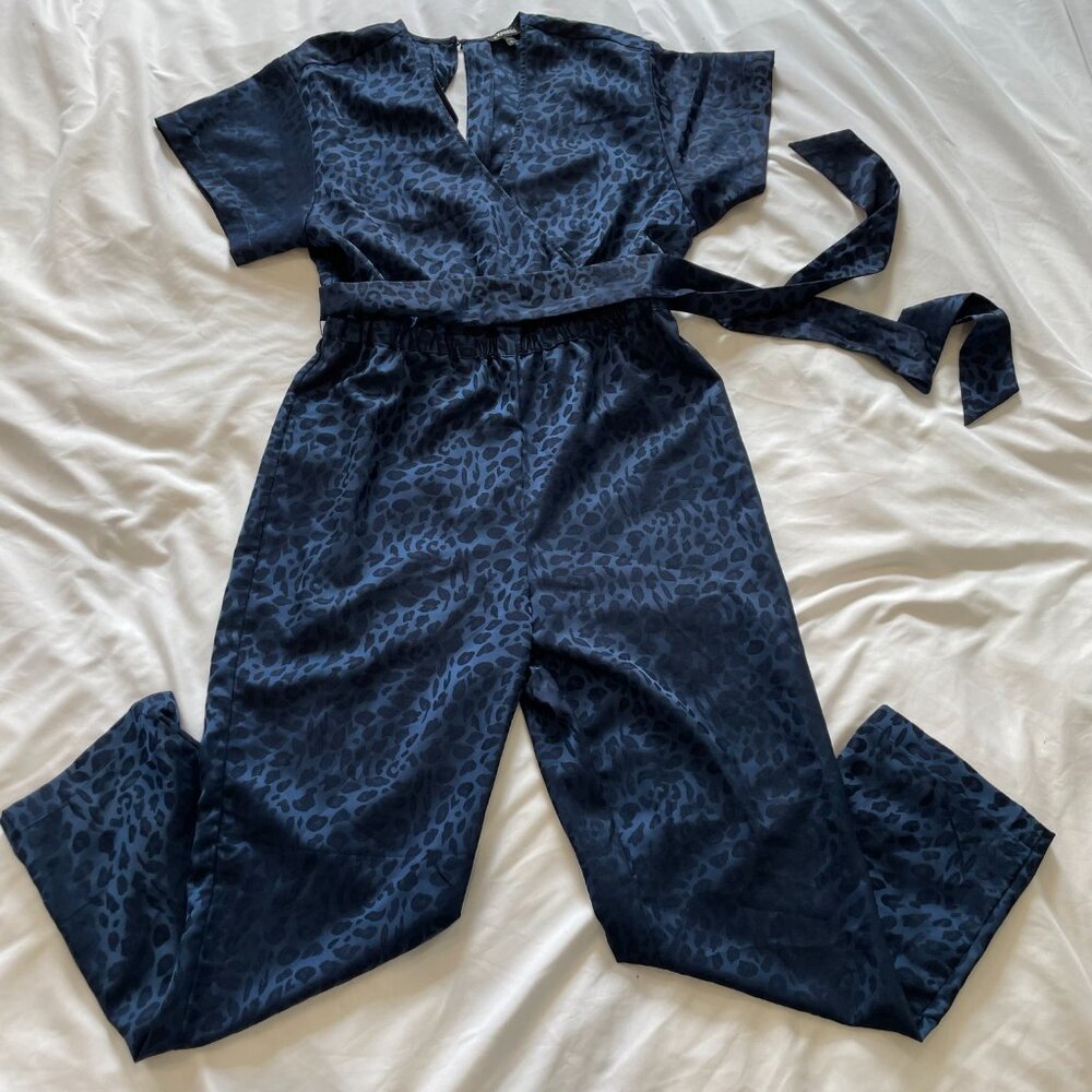 Express Jumpsuit Faux Wrap Short Sleeve Animal Print Satin Navy Blue Womens M